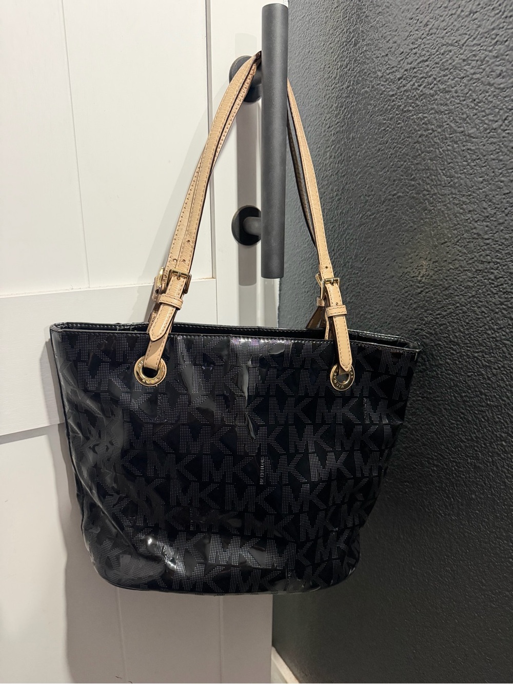 Michael Kors Black Logo Patent Tote with Beige Straps and Gold Hardware